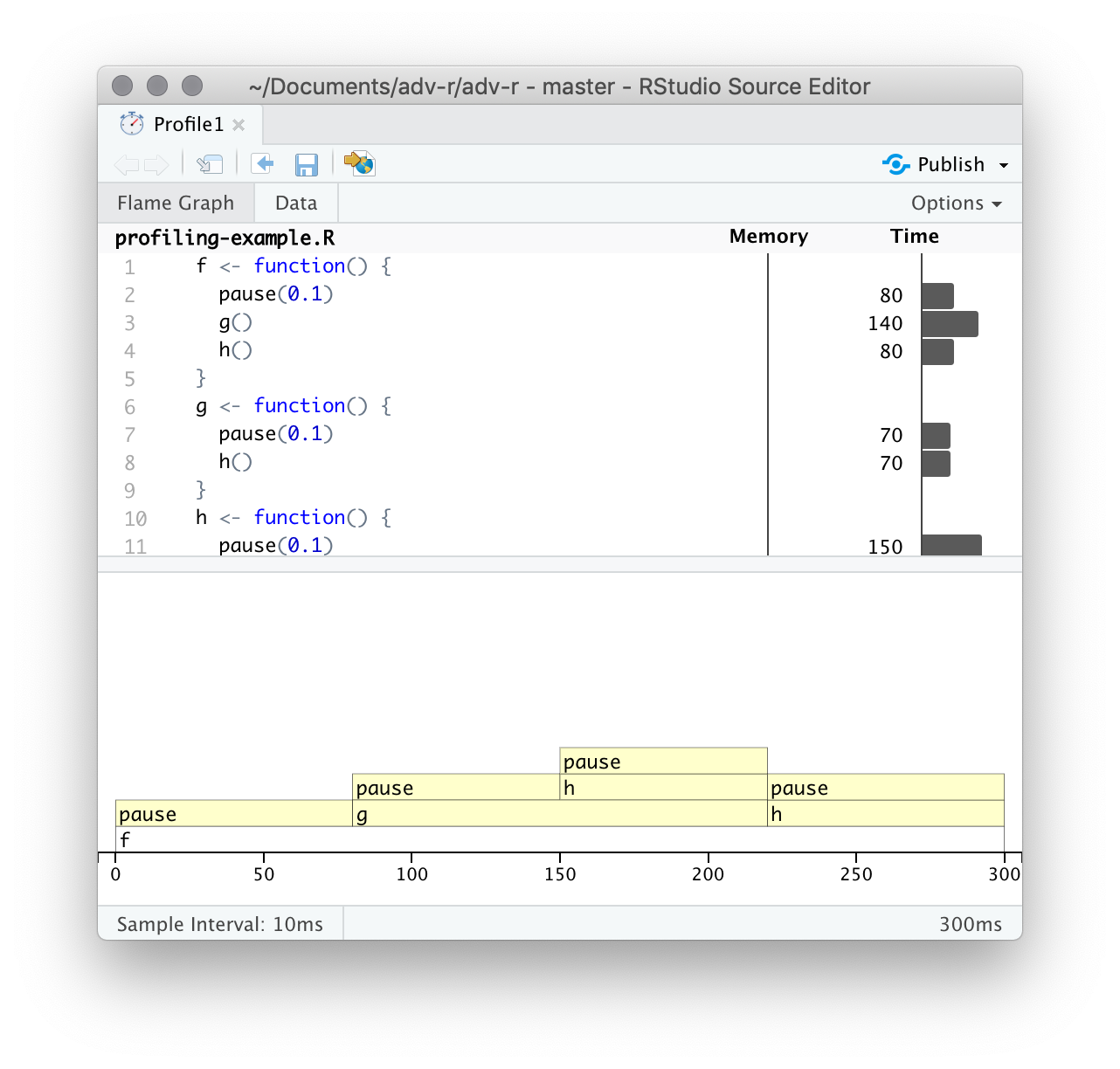 profvis output showing source on top and flame graph below.