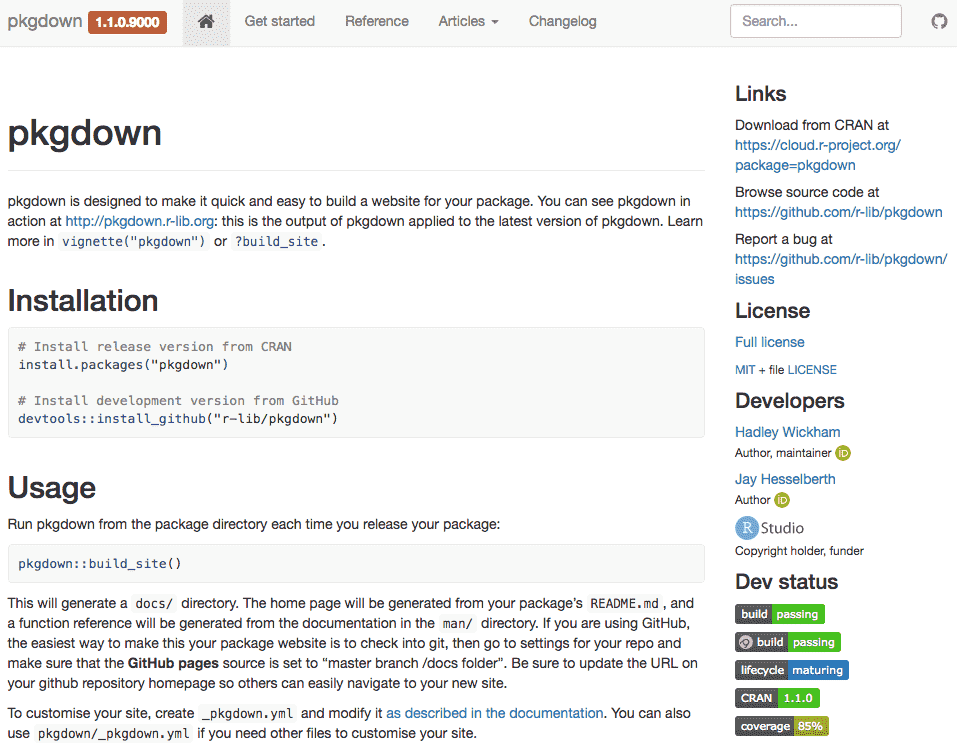 A screenshot of the pkgdown website.